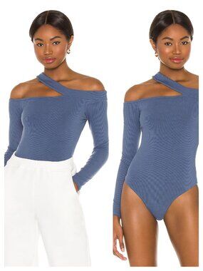 Revolve H:ours Zyla Blue Ribbed Knit Cut Out Off Shoulder Long Sleeve Bodysuit